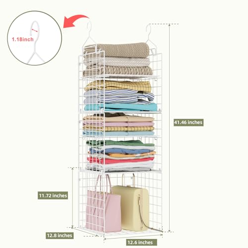 X-cosrack Closet Hanging Organizer and Storage - 5 Tier Hanging Shelves, Wire Closet Shelf Organizer Basket with Adjustable Dividers for Home Clothing Sweaters Shoes Handbags - color: White, size: Small