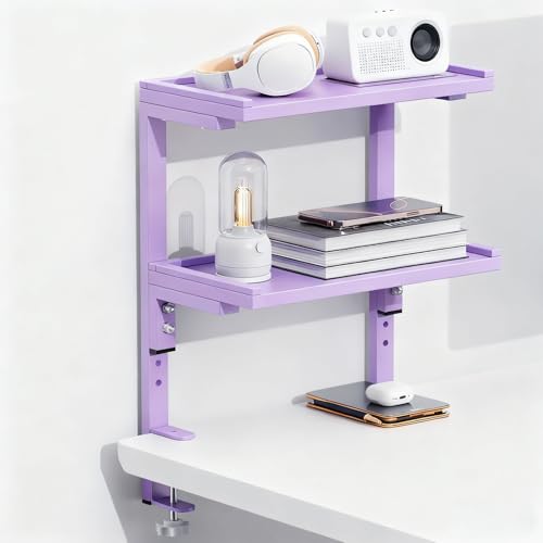 Spacrea clamp on Desk Shelf, 2 Tier Office Desk Shelves Organizer, Wood Desktop Supplies Storage Rack, Desk Organizers and Accessories (Purple) - color: Purple