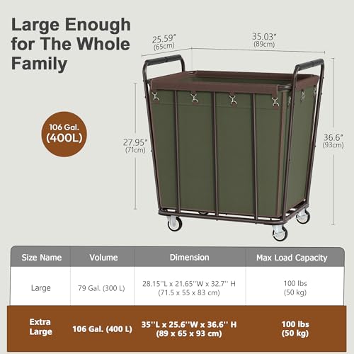 Hoctieon Large Laundry Cart with Wheels, 400L Heavy Duty Laundry Basket Organizer, Rolling Hamper Sorter for Clothes Storage, Industrial Dirty Clothes Hamper for Home & Hotel, Green+Brown - color: Green+Brown, size: 400L