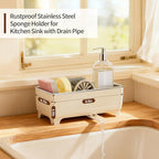 Sponge Holder for Kitchen Sink – Rustproof Stainless Steel, 360° Rotating Drain Pipe, Large Counter Organizer with Drip Tray for Sponges, Brushes & Dish Cloths Off-white - color: Off-White 1