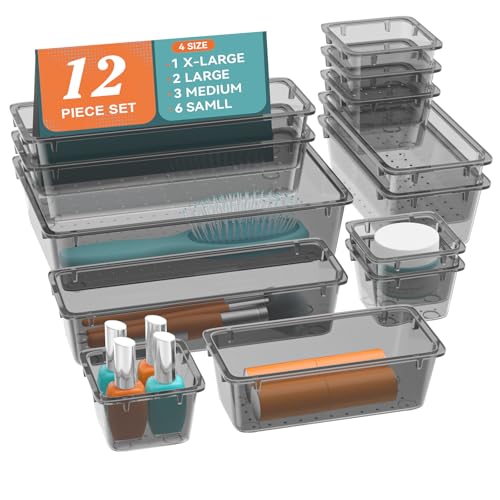 ElegantArray 12-Piece Drawer Organizer Set, 4 Sizes Versatile Plastic Vanity Organizer for Makeup, Stationery, Gadgets, in Kitchen, Bathroom, Office, and Bedroom, Black - color: Black, size: 12 PCS