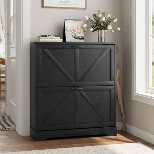 Smart FENDEE Shoe Cabinet, Shoe Storage Cabinet for Entryway with 2 Flip Drawers, Narrow Farmhouse Shoe Organizer Cabinet, Slim Shoe Rack Cabinet, 31.5in Black - color: Black, size: Width - 31.5 inches