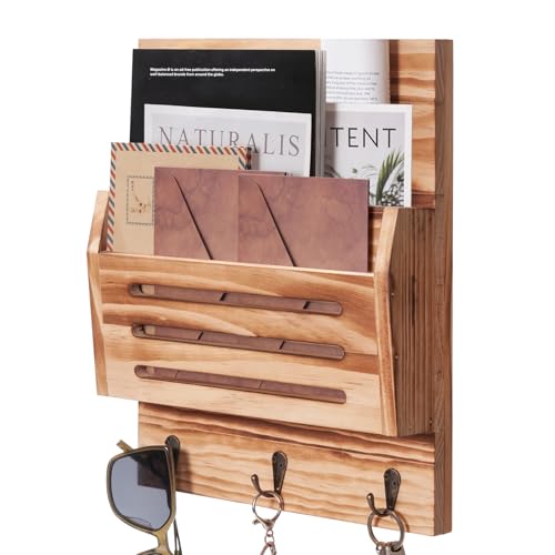 Key and Mail Holder Wall Mount, 2-Slot Wooden Mail Organizer with 3 Key Hooks, Decorative Mail Sorter Wall Mounted, Rustic Key Rack Hanger for Entryway, Farmhouse, Home Decor, Brown - color: Brown