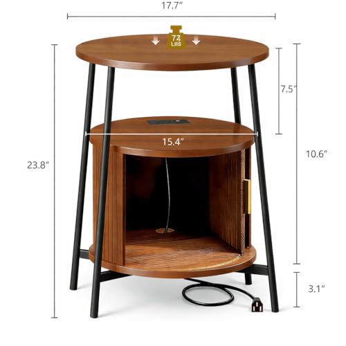Round End Tables Set of 2: Fluted Side Table with Drawer & Charging Station, Mid-Century Modern Nightstand with Sliding Door for Small Space Storage, Living Room, Bedroom - color: Walnut, size: 2 PACK