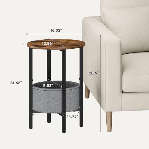 Vagusicc Round Side Table End Table with Storage Basket, Small Side Table Round Nightstand for Small Spaces, Tall Oval End Table with Steel Frame, Coffee Bedside Table for Living Room, Rustic Brown - color: Rustic Brown