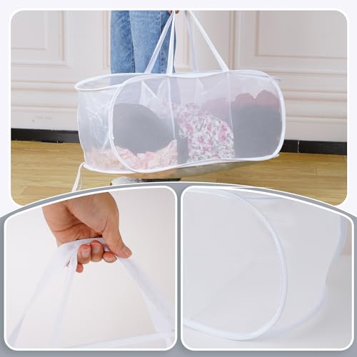 FACULX 2 Pack Collapsible Mesh Laundry Basket, 3 Compartments up Mesh Hamper with Handles, up Hamper for Laundry Room, Bathroom, Room, College Dorm or Travel (White) - color: white