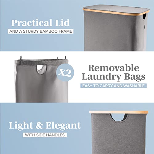LONBET Laundry Basket with Lid, Made from Breathable Fabric | Aesthetic Clothes Hampers for Laundry with Side Handles & Sturdy Bamboo Frame (40 Gallons - Double, Gray) - color: Gray, style: 40 Gallons - Double