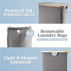 LONBET Laundry Basket with Lid, Made from Breathable Fabric | Aesthetic Clothes Hampers for Laundry with Side Handles & Sturdy Bamboo Frame (40 Gallons - Double, Gray) - color: Gray, style: 40 Gallons - Double