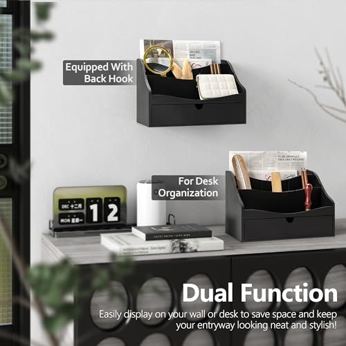 Rebee Vision Pine Wooden Mail Organizer for Desk - Farmhouse Mail Sorter Countertop Organizer for Office Desk & Home Decor - Letter Holder with Drawer for Store Jewelry (Black) - color: B-Black