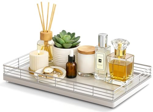 Large Bathroom Vanity Tray – 13" x 8" Oak Decorative Wooden Tray for Bathroom Countertop & Vanity Organizer, Wood Tray for Perfume, Skincare & Accessories Storage, Vanity Dresser Decor Sliver & White - color: Silver, size: 13" x 8" x 2"