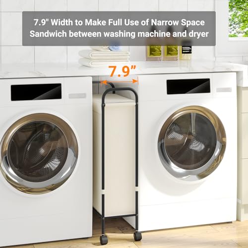 ELYKEN Slim Laundry Hamper with Lid, 50L Small Rolling Laundry Basket on Wheels, 7.9” Narrow Dirty Cloth Cart with Removable Inner Bag for Small Bathroom, Bedroom, Creamy - style: Creamy-50L