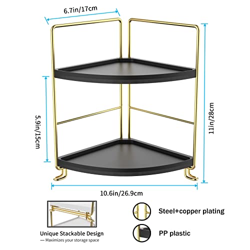 FSyueyun 2-Tier Corner Bathroom Counter Organizer, Tool-Less Installation Vanity Shelf Small Plastics Countertop Makeup Tray Skincare Perfume Organizers (Gold & Black) - color: Gold & Black
