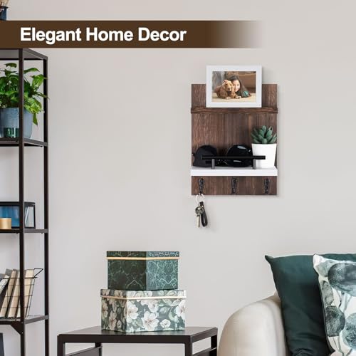 Key Holder Wall Mount, Key Holder With 2 Display Shelf, 3 Hooks for Key, Coat, Dog Leash, Key Hanger with Hook for Mail, Potted Plant, Farmhouse Mail Holder, Entry Way Organizer (Brown & White) - color: Brown & White