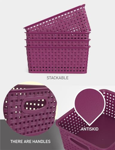 WYT 6-Pack Plastic Small Shelf Storage Weave Baskets Organizing for Cabinets and Pantries, Deep Purple - color: Deep Purple, size: 6-Pack