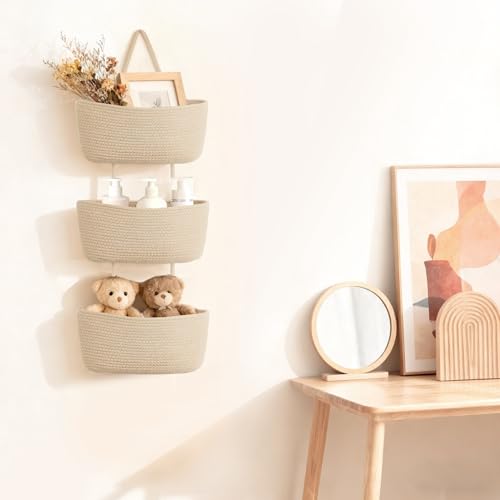 Dahey Over The Door Hanging Basket 3-Tier Woven Boho Wall Mounted Storage Organizer with Hooks for Bedroom Nursery Bathroom Apartments Dorm Pantry Decor, Jute - color: Jute, size: 3-Tier