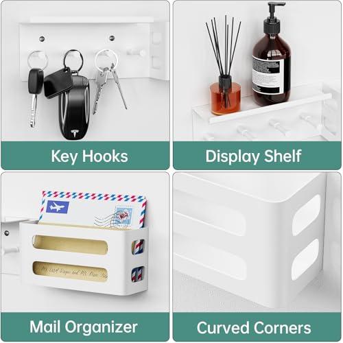 Key and Mail Holder for Wall, Key Hooks Rack Hanger Organizer Wall Mount with Small Shelf, Men Metal Entryway Living Room Storage Decor for Coat Purse Bag Wallet Dog Leash, Black - color: White