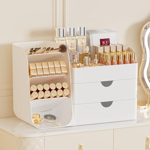 Makeup Organizer with Drawers, Large Capacity Countertop Organizer for Vanity, Bathroom and Bedroom Desk Cosmetics Organizer, Easy To Storage Skincare, Brushes, Eyeshadow, Lipstick (All White) - color: All White, size: Medium