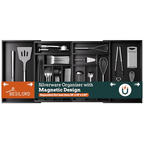 Silverware Organizer Large, Magnetic Connected Expandable 13 Slots Silverware Drawer Organizer From 21 to 37.4 Inches, Adjustable Flatware and Cutlery Holder, Bamboo Utensil Tray for Kitchen Black - color: Black, size: 13 Slots