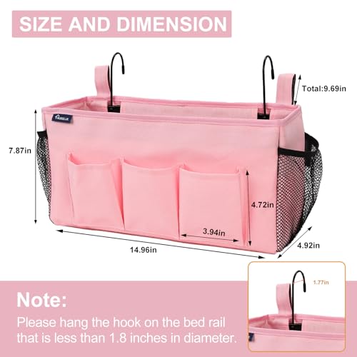 Surblue Bedside Organizer with Hook & Caddy Hanging Storage Bag with Adjustable Straps and Water Bottle Holder for Home, College, Dorm Bunk Bed & Crib Bed Rails Accessories, Pink - color: Pink