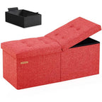 HAUSFRAU 31.5 Inches Ottoman with Storage Bench, Folding Ottoman Bench Small Foot Rest Stool, Bedroom Bench with Flipping Lid, Linen Red - color: Red, size: 13"D x 31.5"W x 13"H