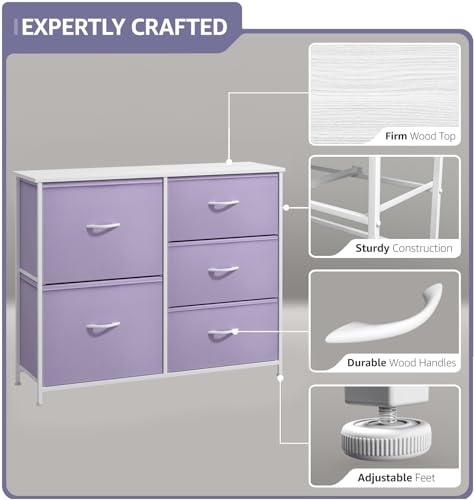 Sorbus Kids Dresser with 5 Drawers - Storage Chest Organizer Unit with Steel Frame, Wood Top & Handles, Tie-dye Fabric Bins for Clothes - Wide Furniture for Bedroom Hallway Kids Room Nursery & Closet - color: Purple, style: 5-Drawer