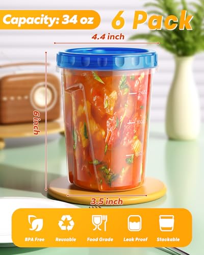BiuLeon 6 Pack-34 oz Freezer Storage Containers, Plastic Food Storage Containers with Twist Top Lids, BPA Free and Reusable Soup Containers with Lids, Leakproof/Microwave/Dishwasher Safe - color: 6Pack-34oz
