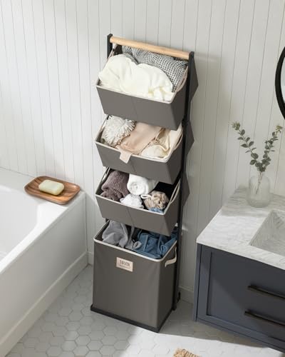 SOLEDI 4 Section Laundry Hamper Sorter, Stackable Laundry Basket Organizer with Removable Basket, 125L 4-Tier Vertical Laundry Sorter for Small Space, Laundry Room, Dorm, Bathroom, Wardrobe Grey - color: Grey