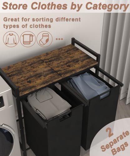 12 x 2 Gal Large Laundry Hamper with Wheels, 2 Pull-Out & Removable Sorter Bags, Freestanding Clothes Basket Organizer for Clothing or Toys in Bathroom and Living Room, Rustic Brown and Black - size: 2 Section with wheels