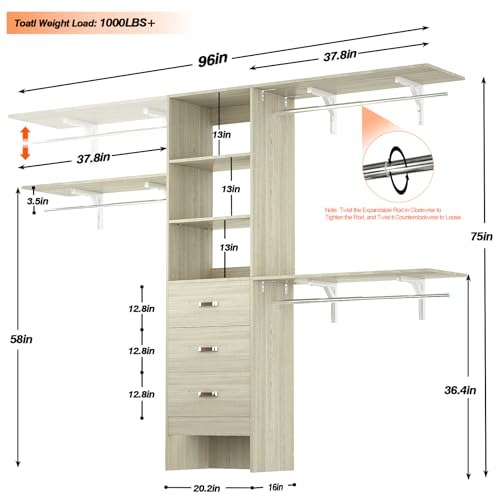 iSunirm 8FT Closet System, 96'' Closet Organizer System with 3 Hanging Rods, Wall Mount Bedroom Wardrobe with 3 Drawers Walk-in Closet, Adjustable Garment Rack from 5 to 8FT(Cut to Fit), White Oak - color: White Oak