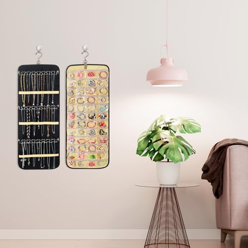 2 Pack Hanging Jewelry Organizer Storage with 48 Pockets and Hooks Dual-Sided Hanging Jewelry Organizers and Storage Hang on Closet, Wall, Door for Earrings, Necklaces, Rings,Blcak