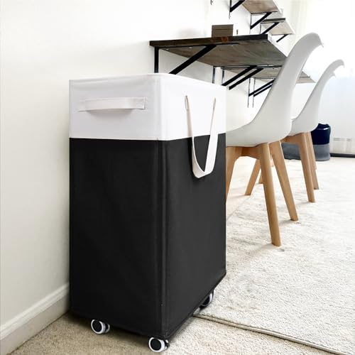 Goodpick Rolling Laundry Hamper with Wheels 75L, Black Laundry Hamper for Dirty Clothes, Collapsible Laundry Basket with Removable Wash, Black Laundry Basket with Wheels - color: Black & White