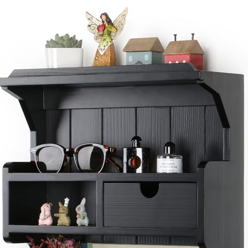 Key Holder for Wall, Elegant Wall-Mounted Mail Organizer with Storage Drawers & 6 Key Hooks, Pine Wood Luxury Black
