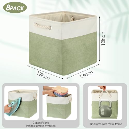 meekoo 8 Pack Collapsible Storage Bins Fabric Storage Bins Polyester Fabric Baskets with Handles Linen Closet Organizer for Shelf Home Closet Towels Toys(12 x 12 x 12 in,Green White) - color: Green White, size: 12 x 12 x 12 In