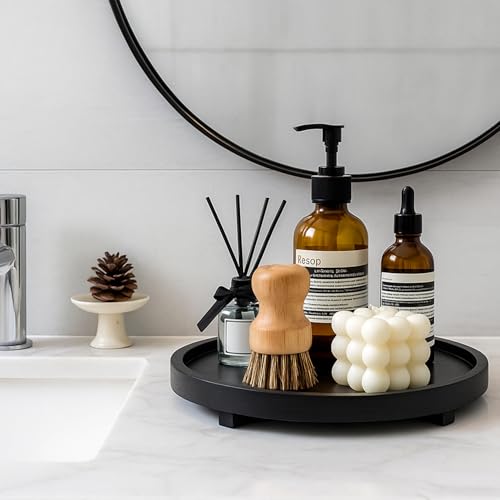 Black Decorative Wooden Tray for Kitchen Counter Bathroom Accessories Sink Vanity Trays Wood Riser Candle Pedestal Stand for Perfume Soap Trays Round Dining Coffee Table Small Rustic Home Decor Tray - color: Black, size: 10 inch