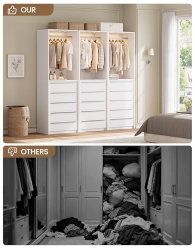 Closet System, Closet Organizer System with Rechargeable Motion Sensor Light Indoor, Walk in Closet Systems with 5 Drawers and Metal Hanging Rods, White