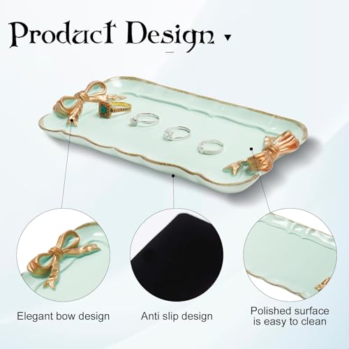 Vintage Decorative Tray Jewelry Tray Towel Tray Storage Tray Rings Necklace Bracelets Earrings Trays Cosmetics Jewelry Organizer Retro Design Bow Decor Resin Plate Coquette Room Decor (Green) - color: Green