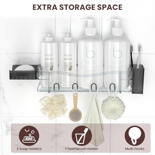 REINHARDT Shower Caddy Hanging, Rustproof Bathroom Caddy Anti-Swing Shower Organizer No Drilling Bath Racks with Soap Holder Multi Hooks Bathroom Storage for Shampoo Sponge, Grey - color: Grey
