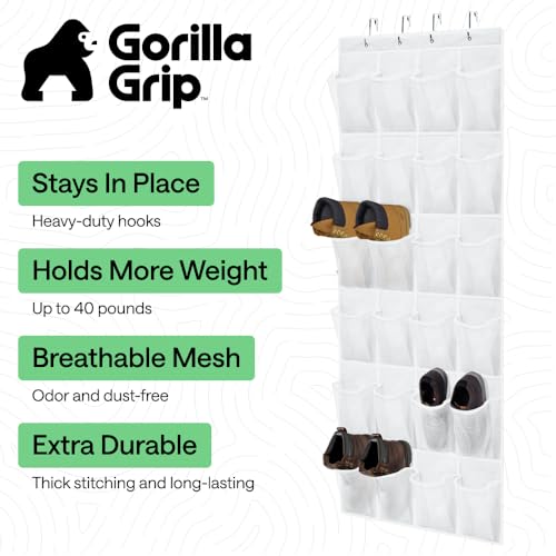GORILLA GRIP Over the Door Shoe Organizer, 24 Extra Large Breathable Mesh Pockets, Space Saving Hanging Storage Holder, 4 Hook Closet Rack Hanger, Hangs on Closets for Shoes and Accessories, White - color: White, size: 24 Extra Large Pockets/4 Hooks