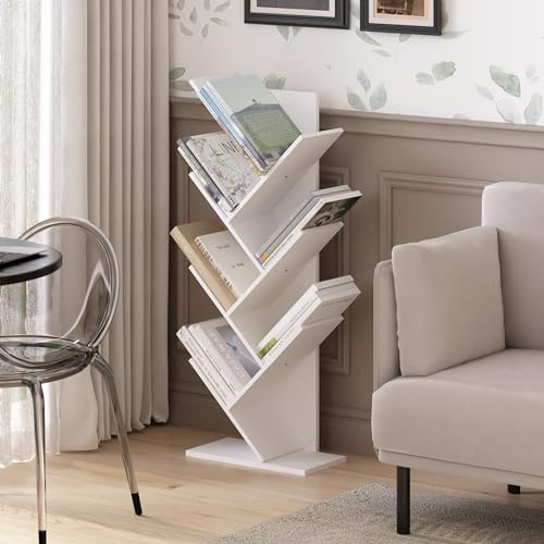 Furinno Tree Book Shelf, 7-Tier Bookshelf with Angled Open Shelf, Tree Bookcase for Room Decor, 8.4 x 15.7 x 39.4, for Organization and Storage, for Living Room, Bedroom, Home Office, White - color: White, size: 7-Tier Tree Bookcase