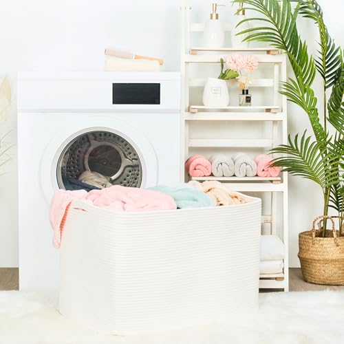 MINTWOOD Design 112L Extra Large Blanket Basket Holder Living Room, 25"x17"x16" Rectangle Rope Woven Storage Basket with Handles for Laundry, Towels, Shoes, Dog Toy Organizer Bin Box, Creamy White - color: Creamy White