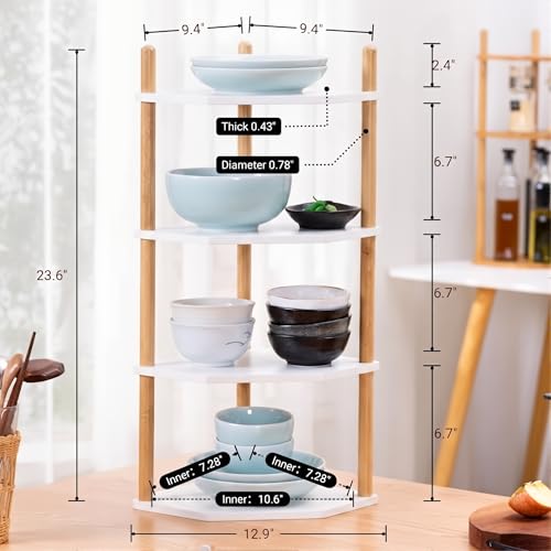 4-Tier Expandable Bamboo Corner Shelf - Dish/Plate Organizer for Cabinet, Kitchen Counter Shelf & Small Kitchen Shelf, Adjustable (White, 1-Pc 4-Tier) - color: 6.7"H-White-4