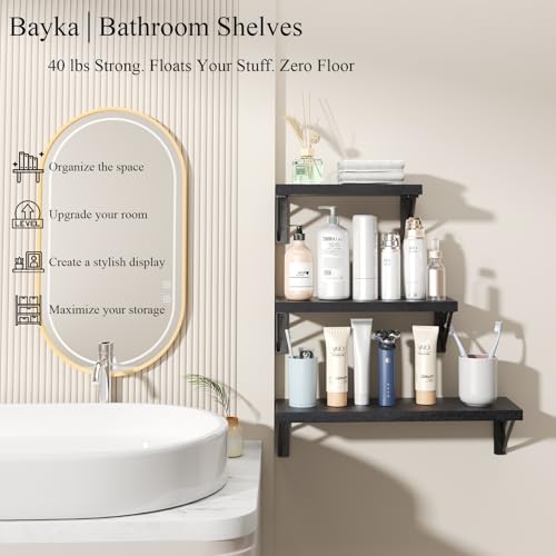 BAYKA Wall Mounted Floating Bathroom Shelves, Wood Wall Shelf for Bathroom Essentials & Decor, Space-Saving Display & Organizer (Black, Set of 4) - color: A. Black Board & Black Brackets, size: 16-inch Mixed