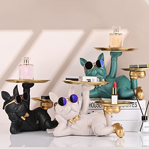 Bulldog Tray Statue - Bulldog Butler with Storage Tray for Entryway Key Holder, Ring Holder, Living Room Coffee Table Candy Dish, Modern Home Office Desktop Decor (Black)