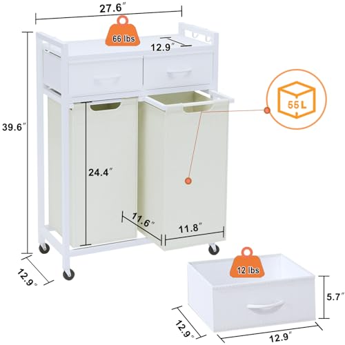 Timberer Laundry Hamper, Laundry Sorter 2 Section, Rolling Laundry Basket with Wheels, 2 Drawers, 2 × 14.5 Gal (55 L), Pull-Out and Removable Oxford Fabric Bags, White and Beige - color: White + Beige, size: 2 Bags (27.6"L x 12.9"W x 39.6"H)