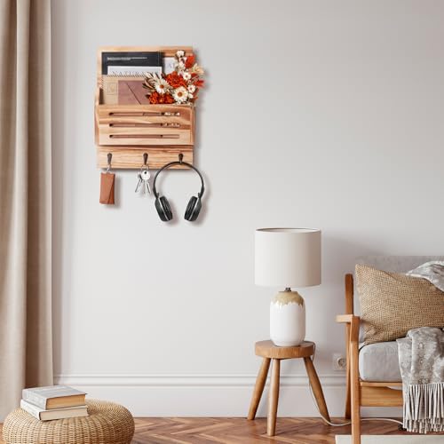 Key and Mail Holder Wall Mount, 2-Slot Wooden Mail Organizer with 3 Key Hooks, Decorative Mail Sorter Wall Mounted, Rustic Key Rack Hanger for Entryway, Farmhouse, Home Decor, Brown - color: Brown