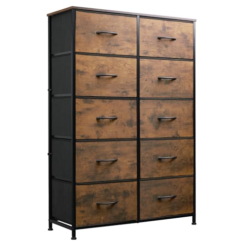WLIVE Tall Dresser for Bedroom with 10 Drawers, Fabric Dresser for Closet, Storage Tower with Cabinet, Metal Frame, Rustic Brown Wood Grain Print - color: Rustic Brown Wood Grain Print