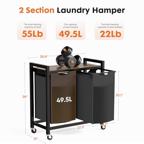 DUMOS Laundry Hamper with 2 Pull-Out Removable Sorter Bags, Movable Wheels, Freestanding Clothes Basket Organizer in Bathroom, 2 × 13.1Gal (99L) Capacity, Rustic Brown and Black - size: 26.2 Gal (99L)