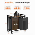 DUMOS Laundry Sorter 2 Section, 2 × 13.1Gal (99L) Rolling Laundry Basket with Pull-Out Removable Bags & Movable Wheels,Clothes Separator Hamper Cart for Laundry Room, Bathroom and Bedroom Organizer - size: 2 × 13.1 Gal (99L)