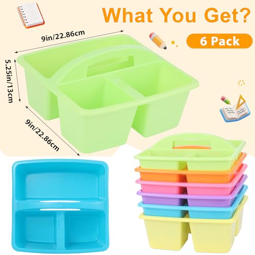 6 Pack Classroom Caddy with Handle Plastic Storage Caddy Organizer with 3 Compartments Desk Caddies Holder Portable Storage Bin for Pencil, Crayon, Marker, Home, Office, School Supply(Colorful) - color: Colorful