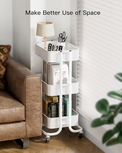 Pipishell 3 Tier Metal Rolling Utility Cart, Heavy-Duty Storage Rolling Cart with 2 Lockable Wheels, Multifunctional Mesh Organization Utility Cart for Kitchen Dining Room Living Room (White) - color: White, size: 3 Tier